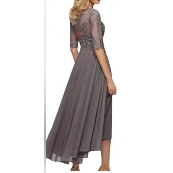 Elegant Gray Lace Half-Sleeve High-Low Evening Dress Size 10 - Picture 2 of 13